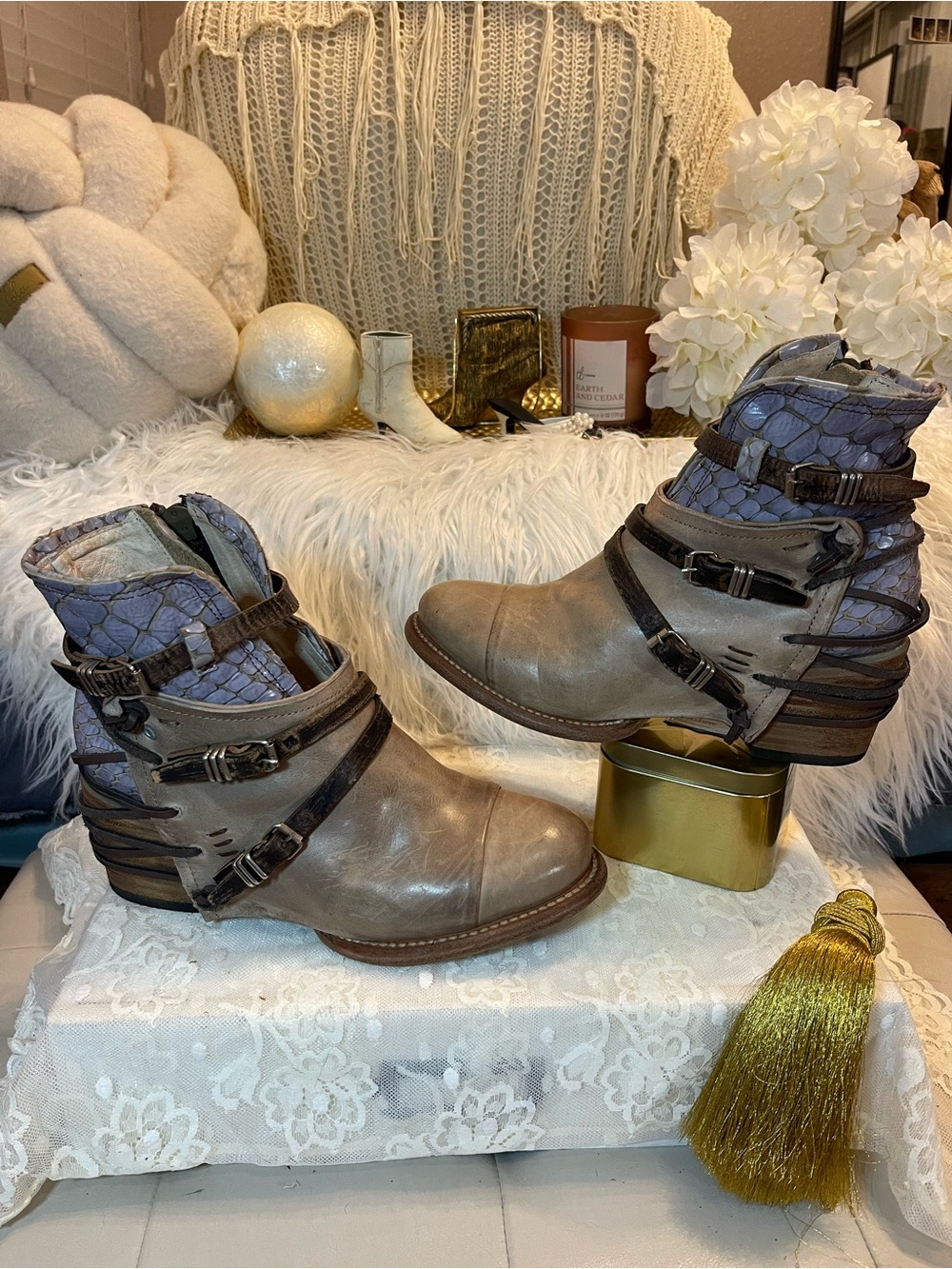 Freebird Crue Leather Backlace booties in Taupe Multi MSRP$315